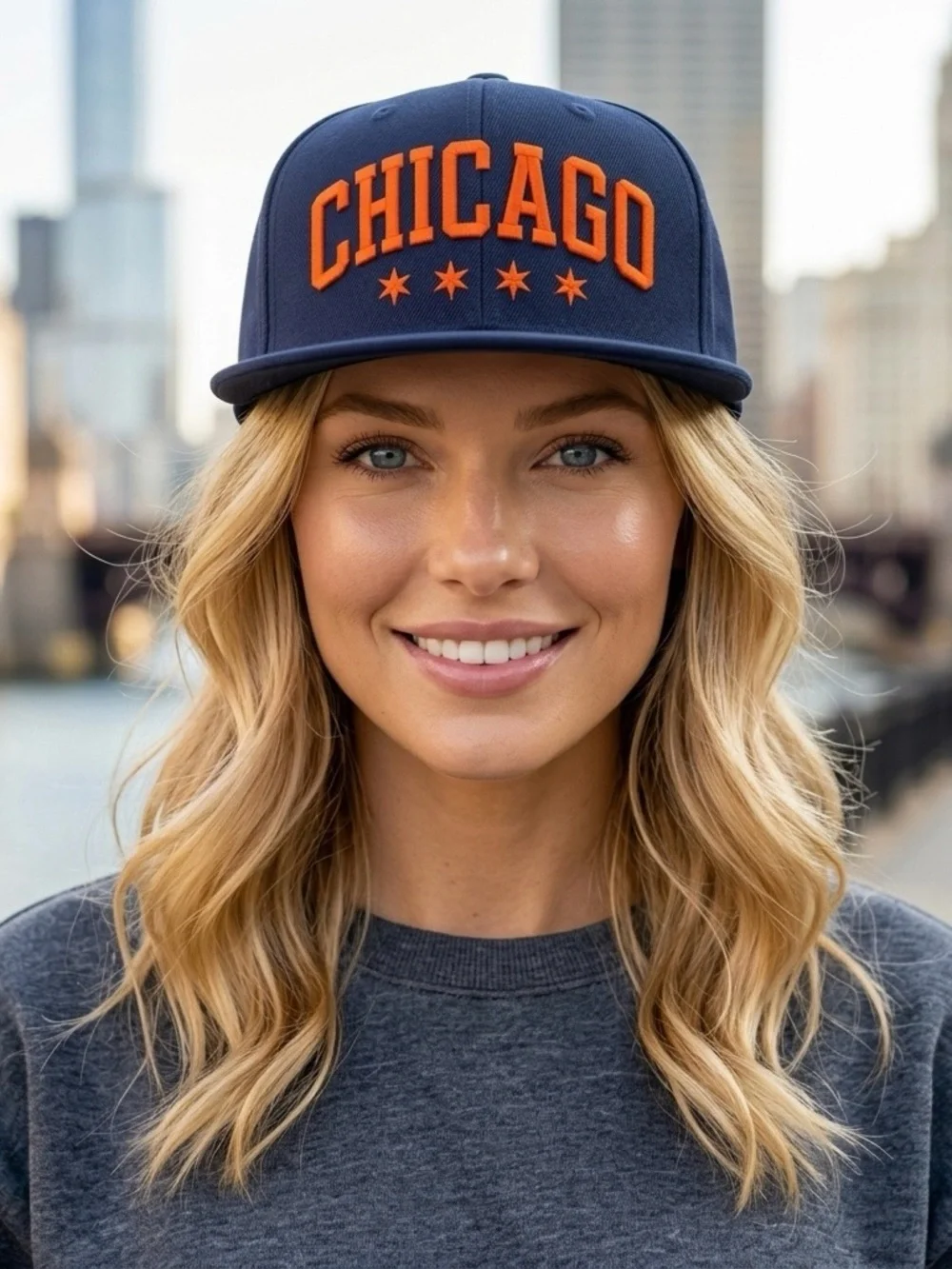 ❤️‍🔥 Chicago Navy Orange Snapback Hat Streetwear Flat Bill Embroidered w/ Stars
